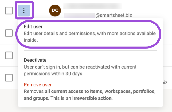 Kebab icon at the start of a user's row, opening an action menu with Edit user highlighted above Deactivate and Remove user