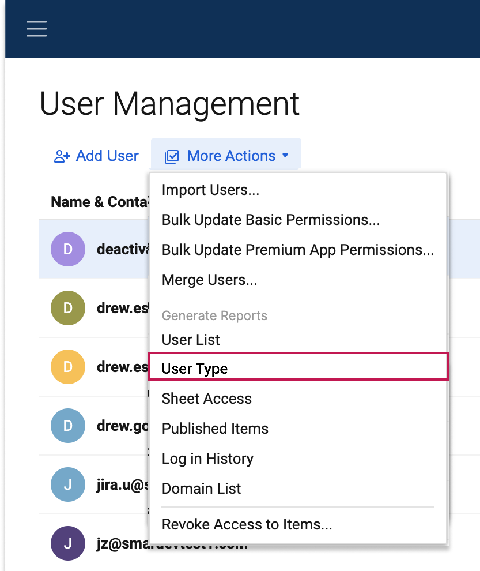 Menu item to download user type report from User Management screen
