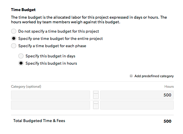 time, fee, and expense budget settings