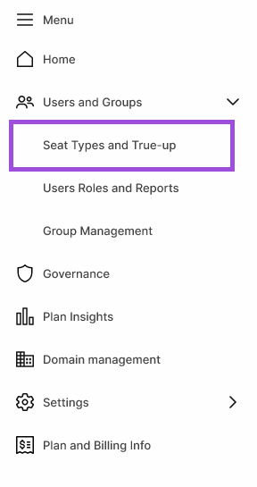 User Types and True-up menu item in Admin Center menu