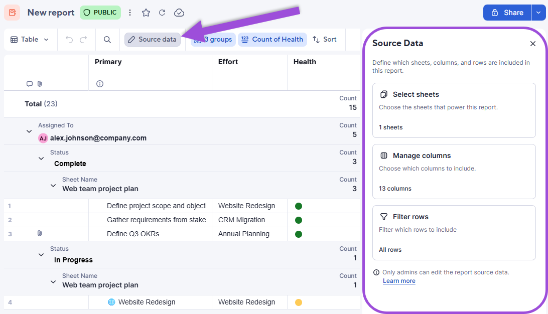 Source data panel in table reports with Source data button highlighted