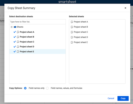 Copy Sheet Summary popup, where the user selects up to 20 sheets to copy the sheet summary to.