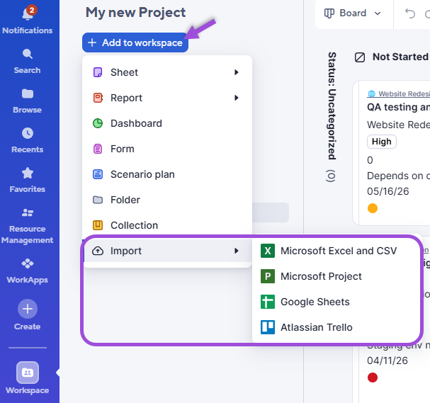 import from workspace panel