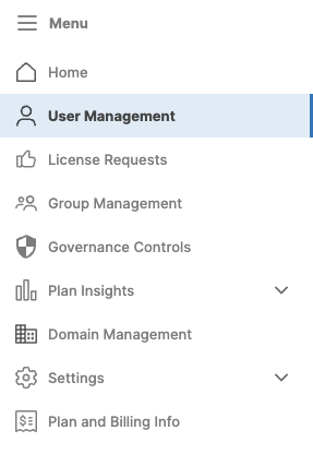 User Management option in Admin Center menu