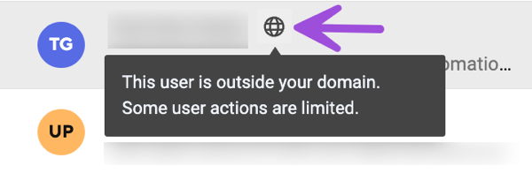 The highlighted globe icon indicates that a user is outside your domain.
