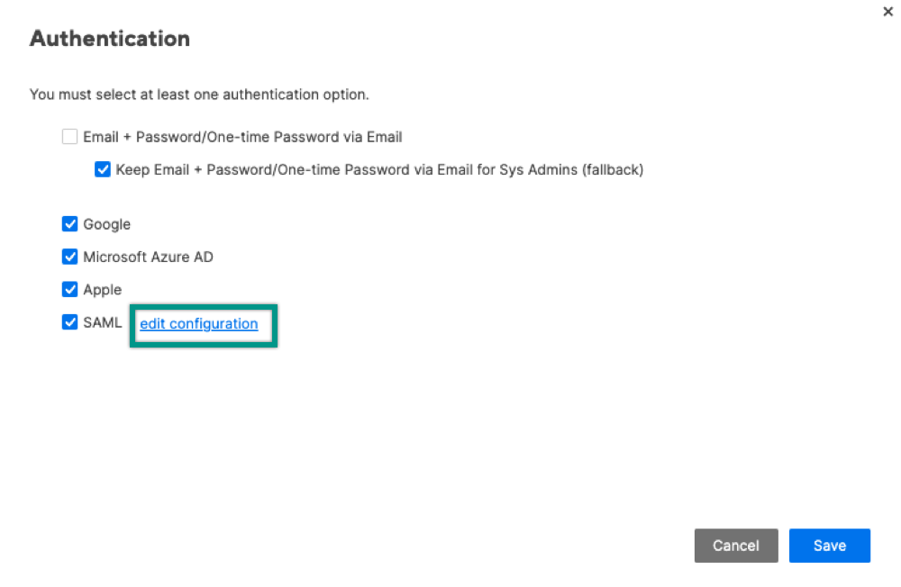 Authentication screen for plan-level login options
