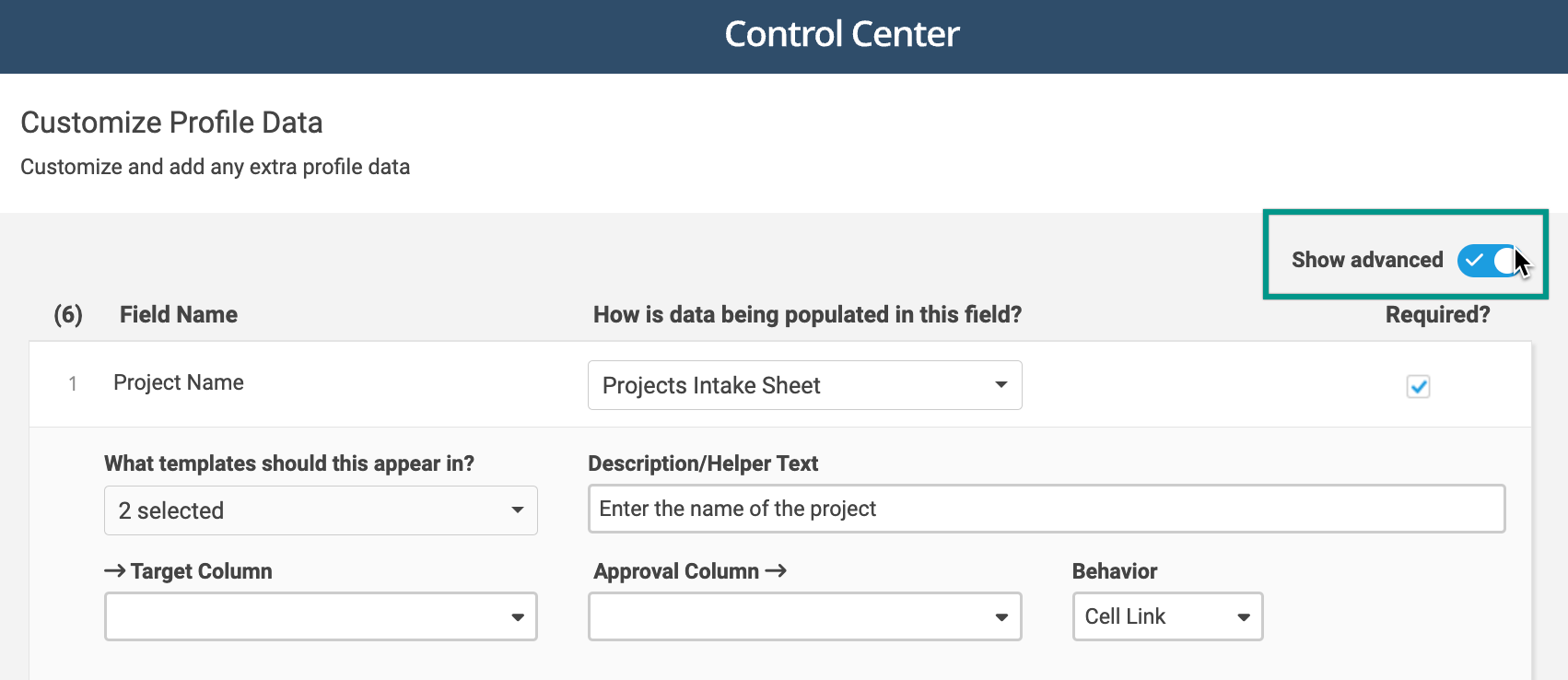 Customize profile data show advanced