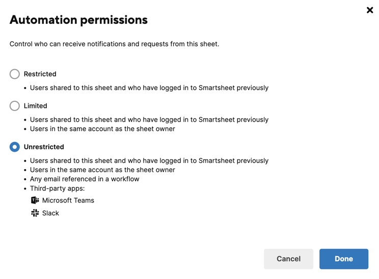 Automation permissions sheet level