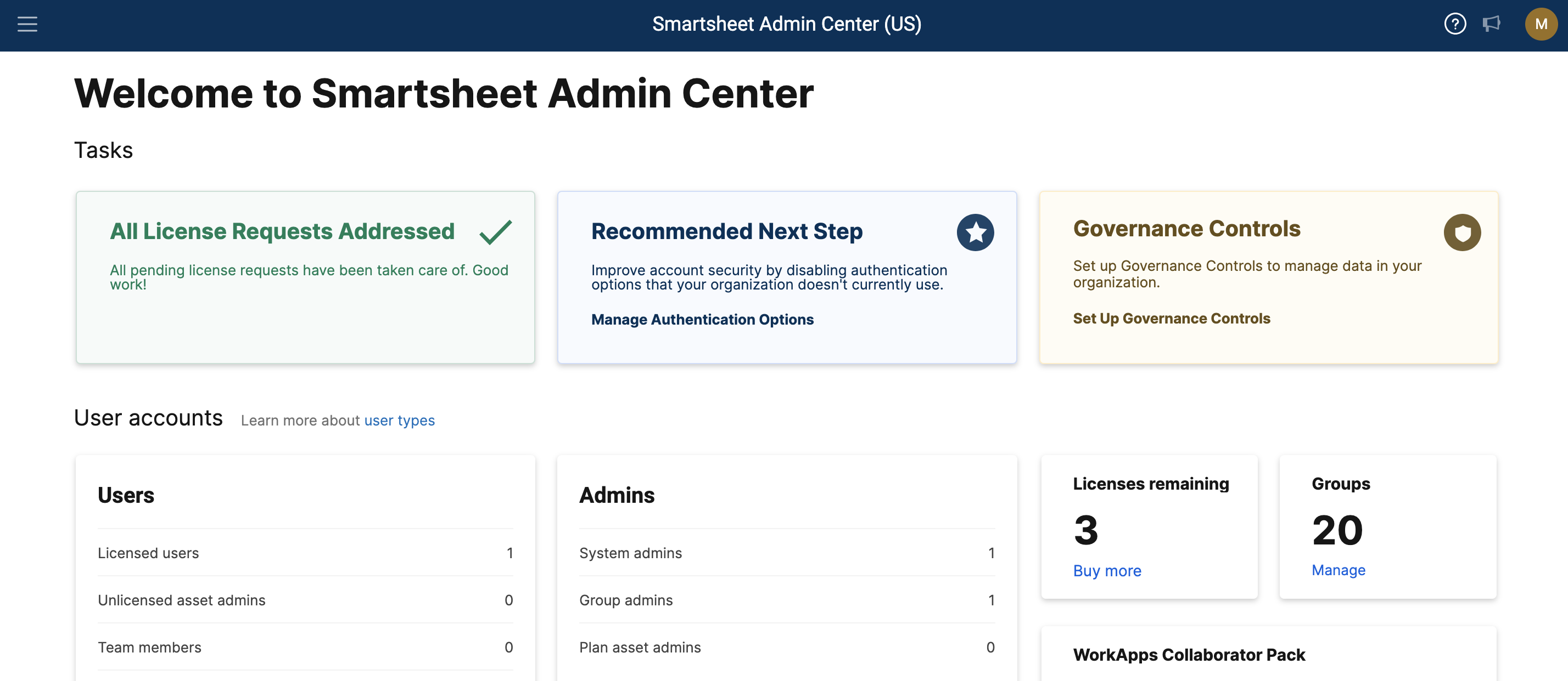Admin Center home page with Tasks, User accounts, Plan Insights, and more.