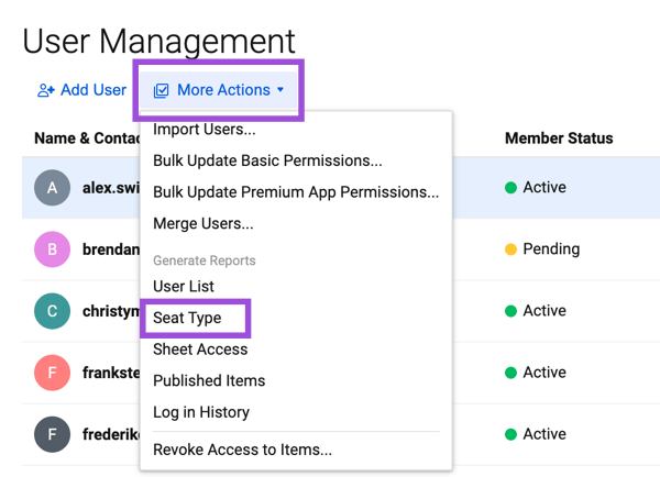 Seat type report in the More actions menu on the User Management page in Admin Center.