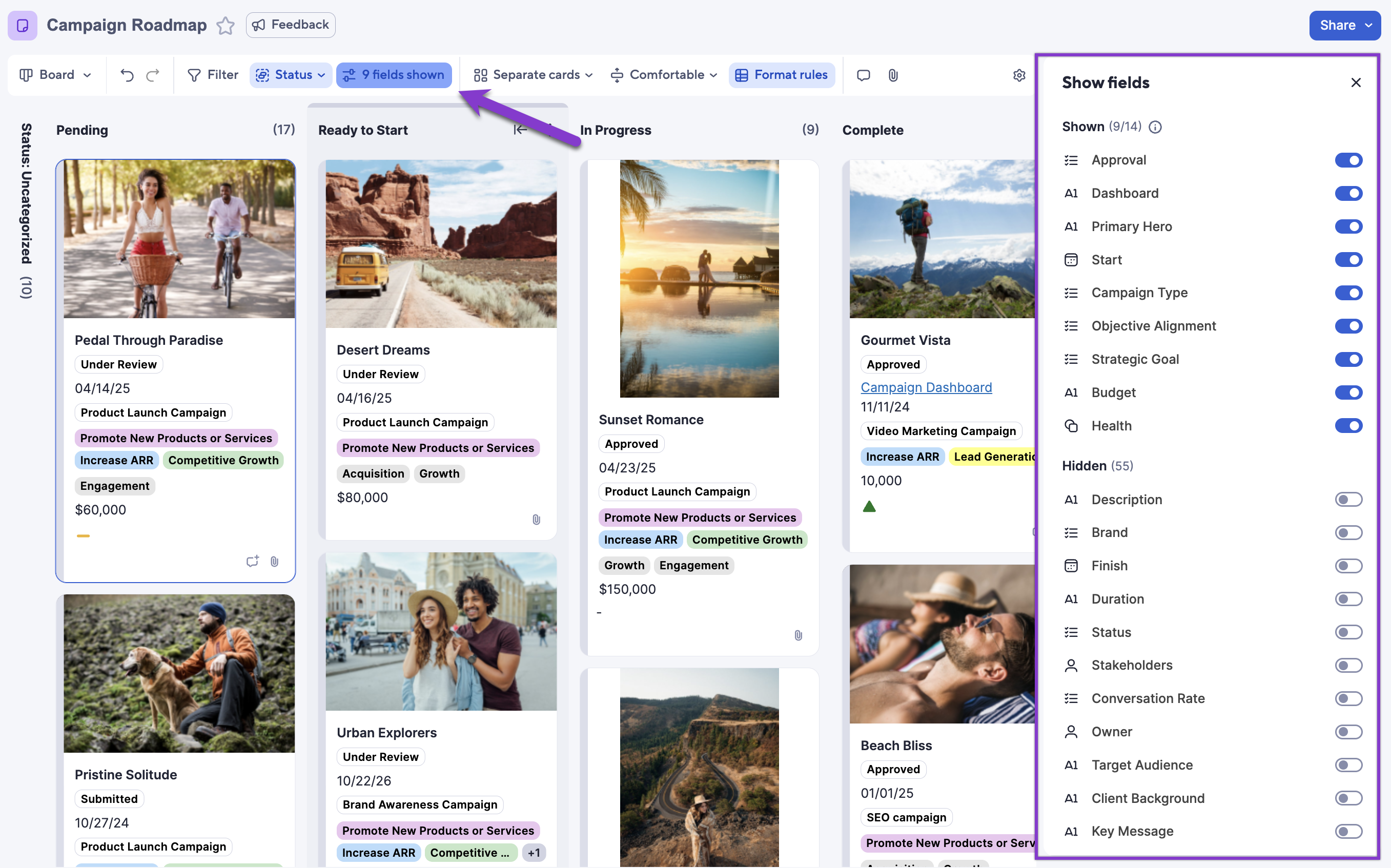 show/hide fields panel in board view