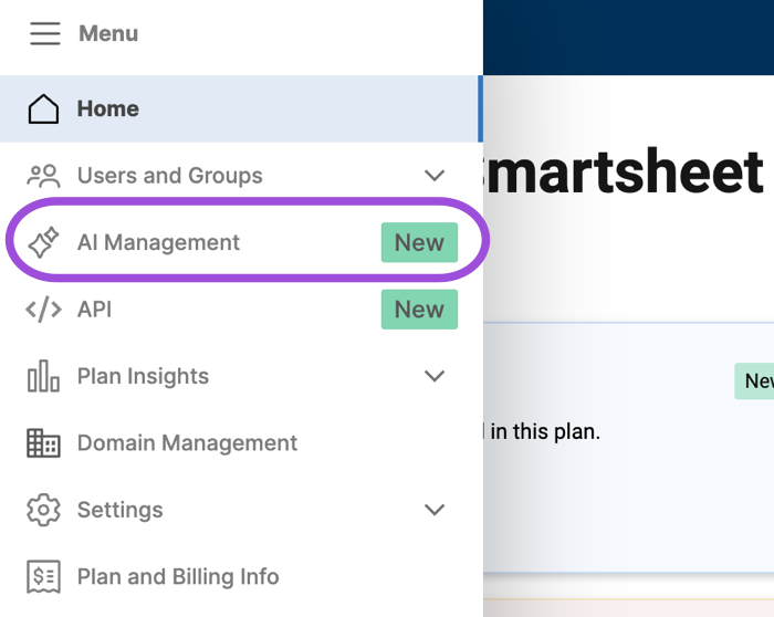 Ai Management menu item in Admin Center