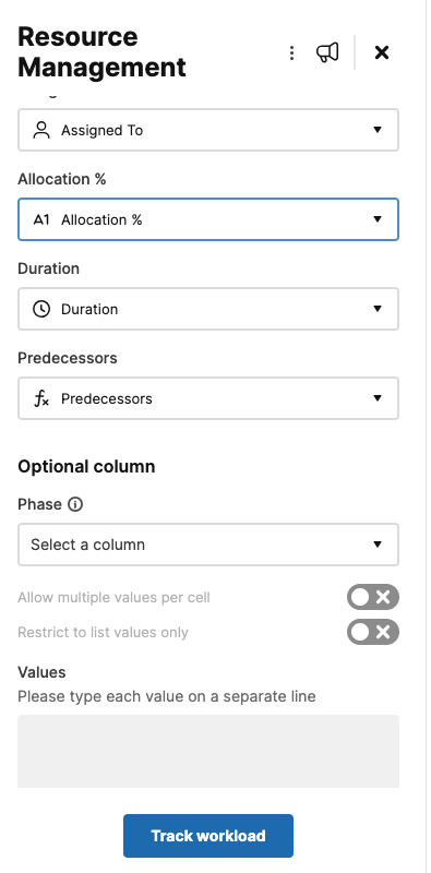 resource management panel column settings