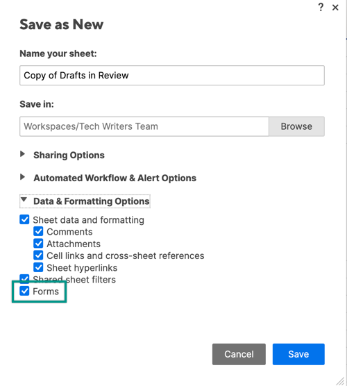 Save as new sheet and include form