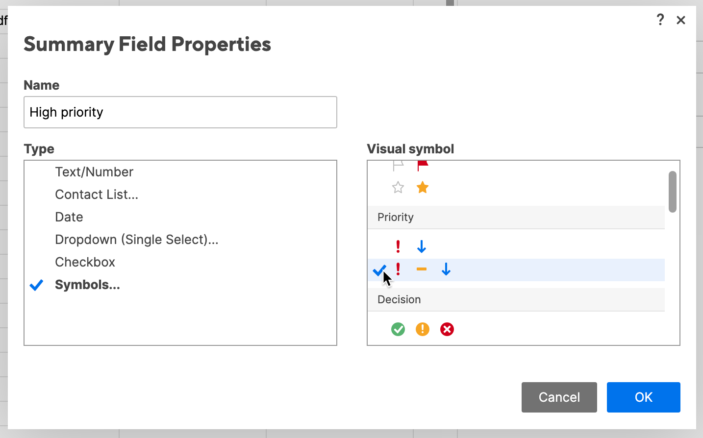 Symbols sheet summary field properties