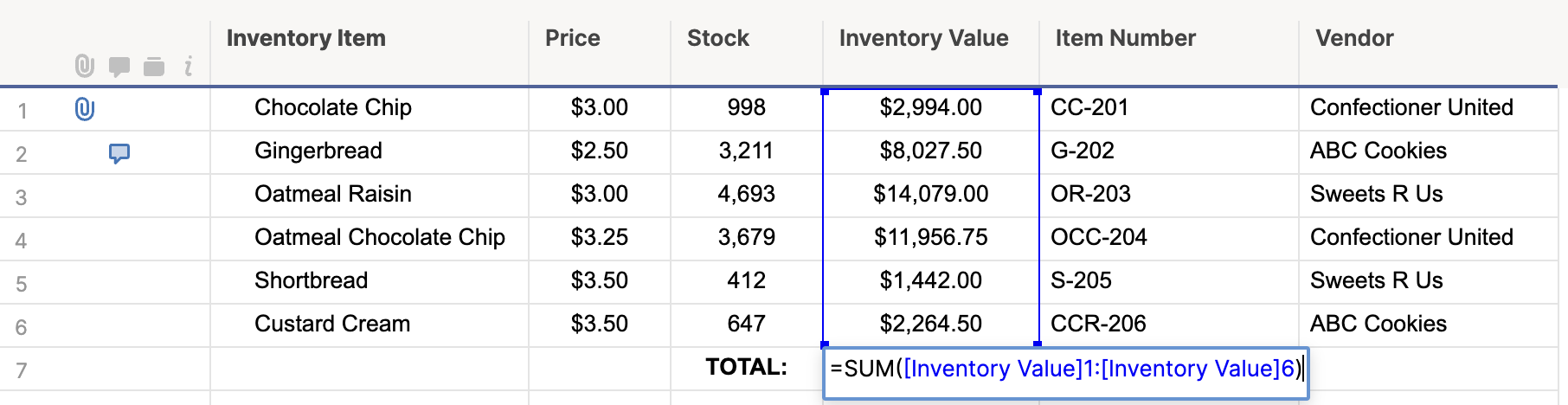 Reference a range of cells in the same Inventory column