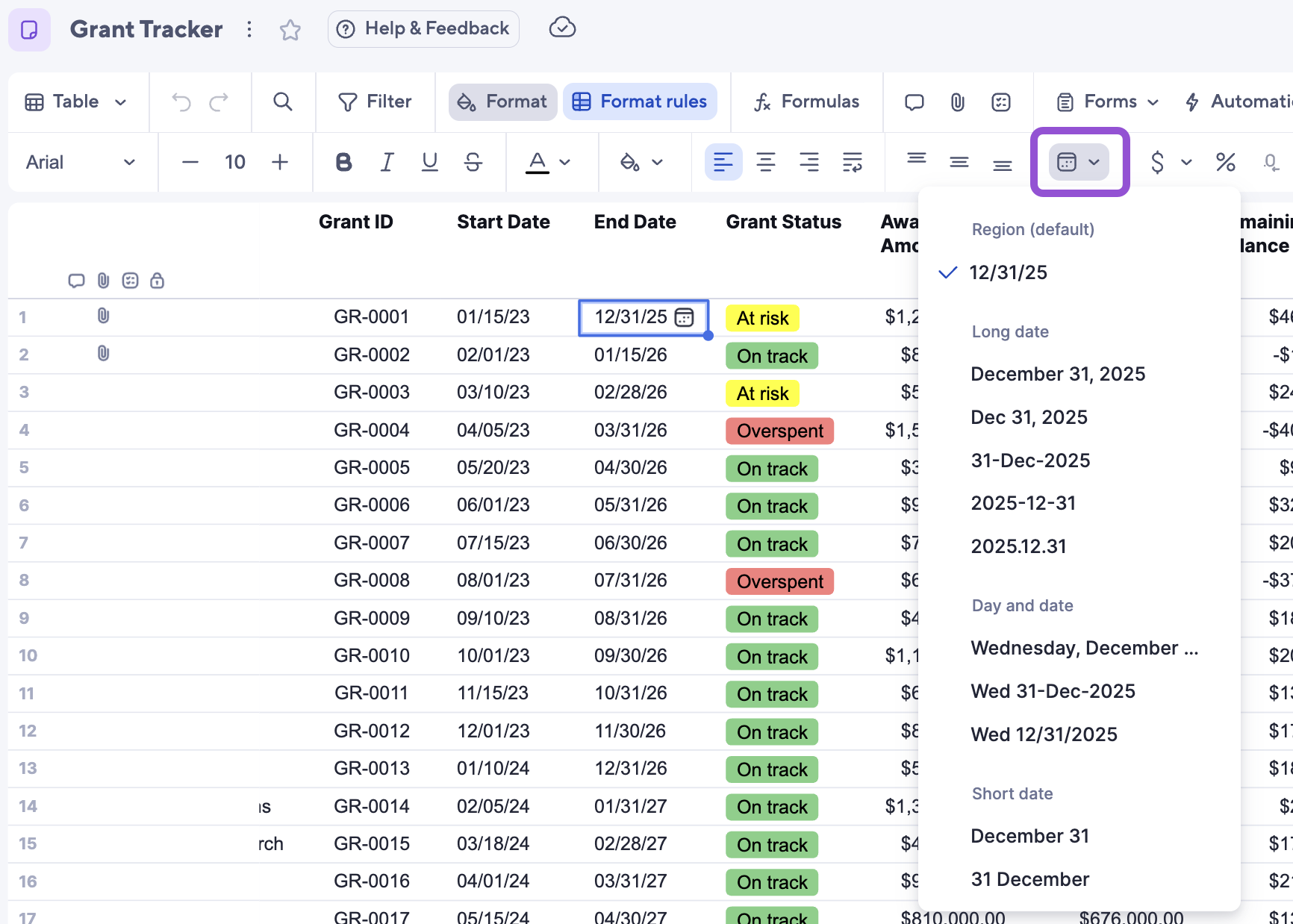 date format option for table view