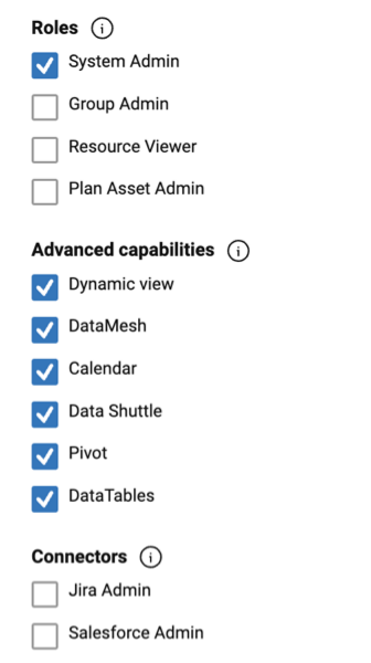 Roles, Advanced capabilities, and Connectors sections, each a checkbox list, with System Admin and all Advanced capabilities selected and every other option cleared