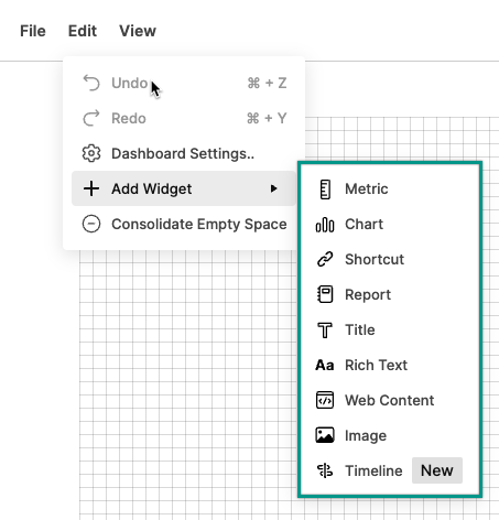 Dashboard's Add Widget menu options