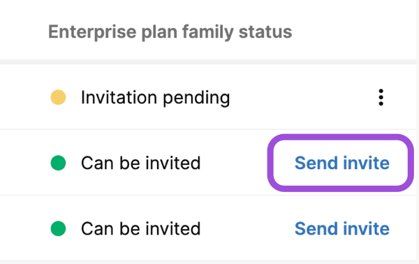 Select Send invite to invite a plan to the EPM family