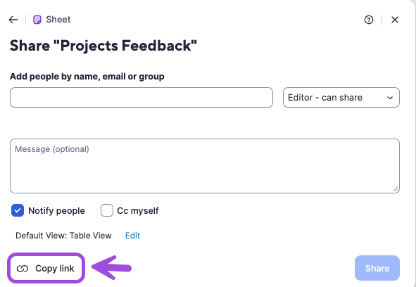 Copy link sheet URL