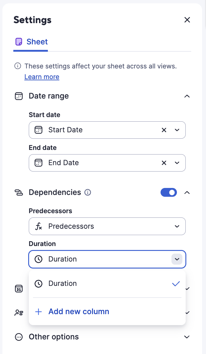 Sheet settings panel