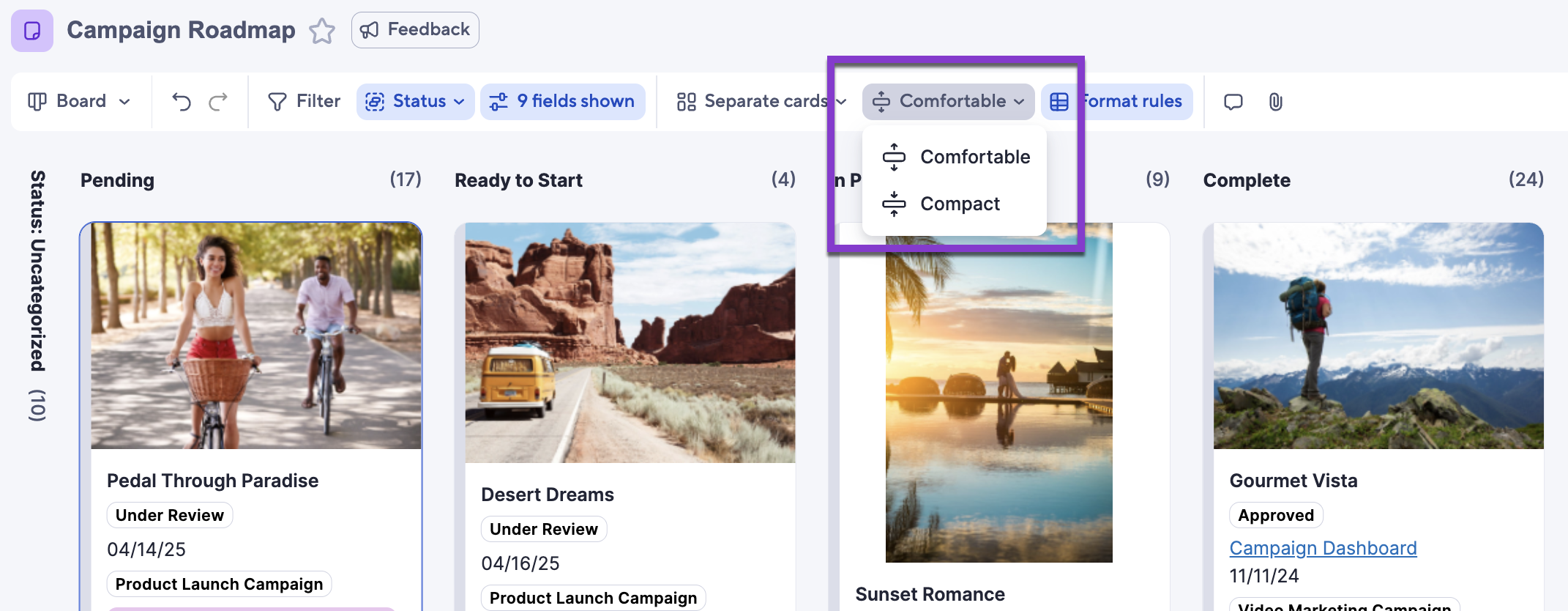 display cards as comfortable or compact in board view