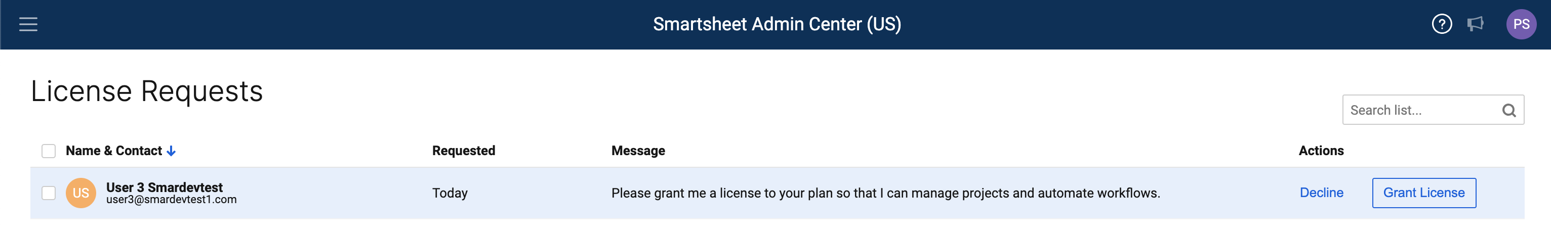 License Requests page showing a request and links to decline or grant license.