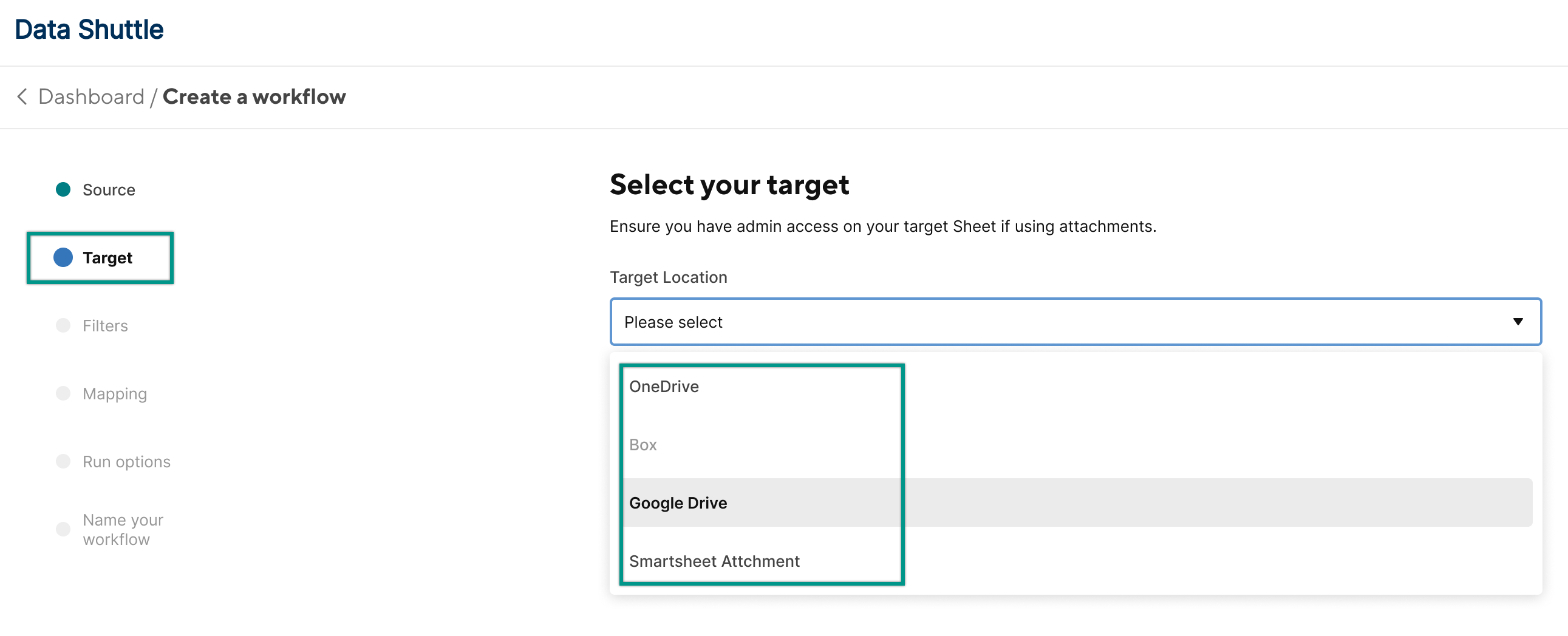 Select a target location for your offload workflow