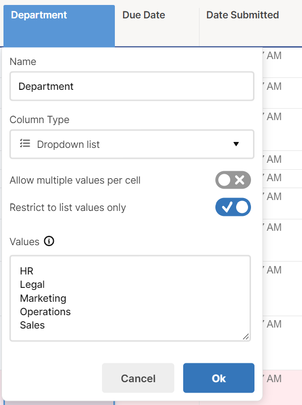 Dropdown list column type