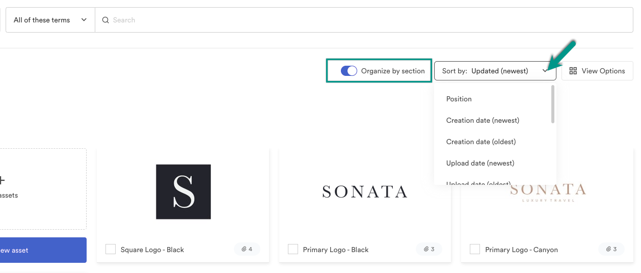 Brandfolder sort by and organize by options.