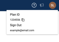 A profile hover card displaying the user's Plan ID and an option to Sign out of Admin Center