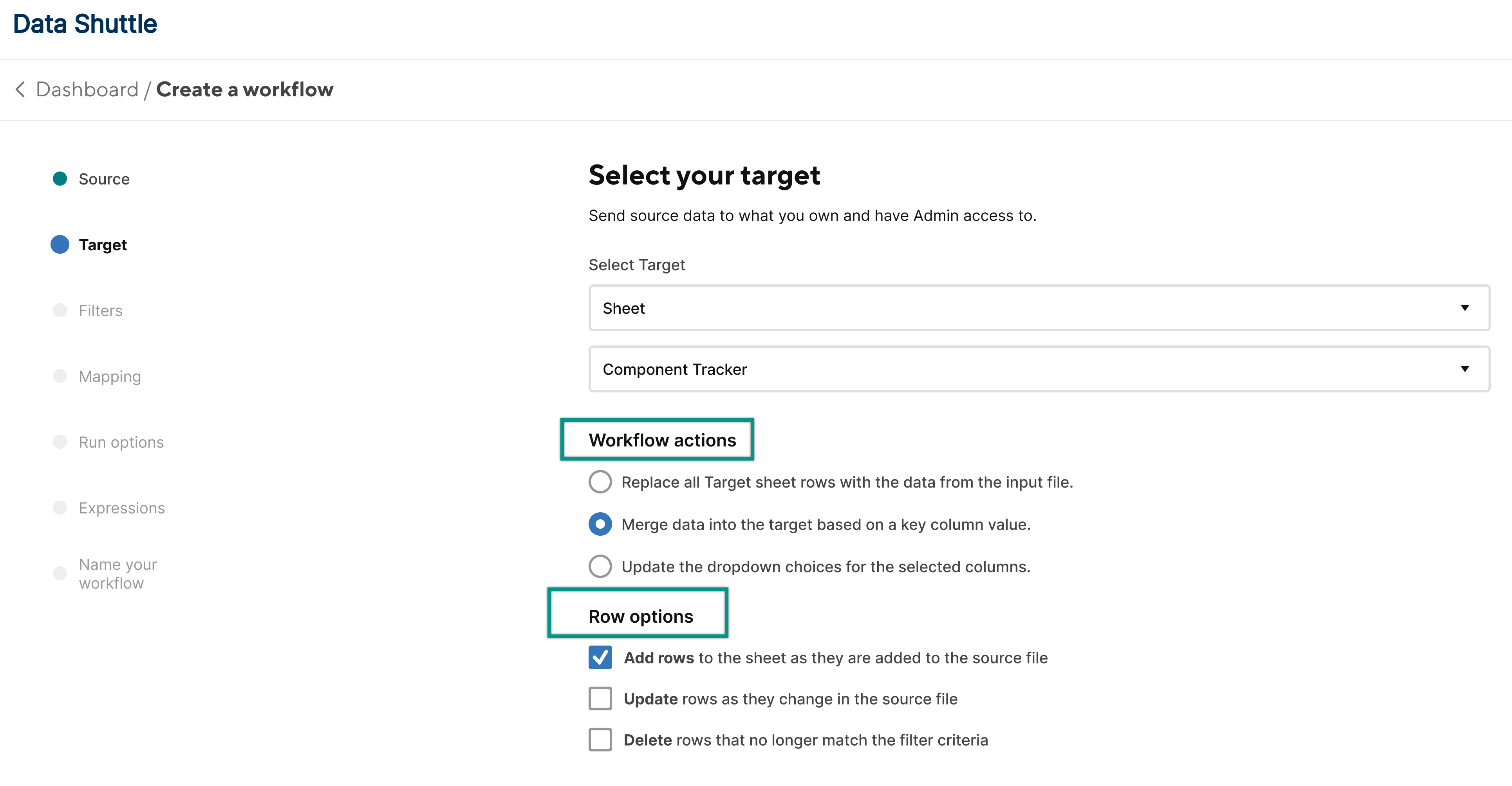 Specify workflow actions and row options for your target file