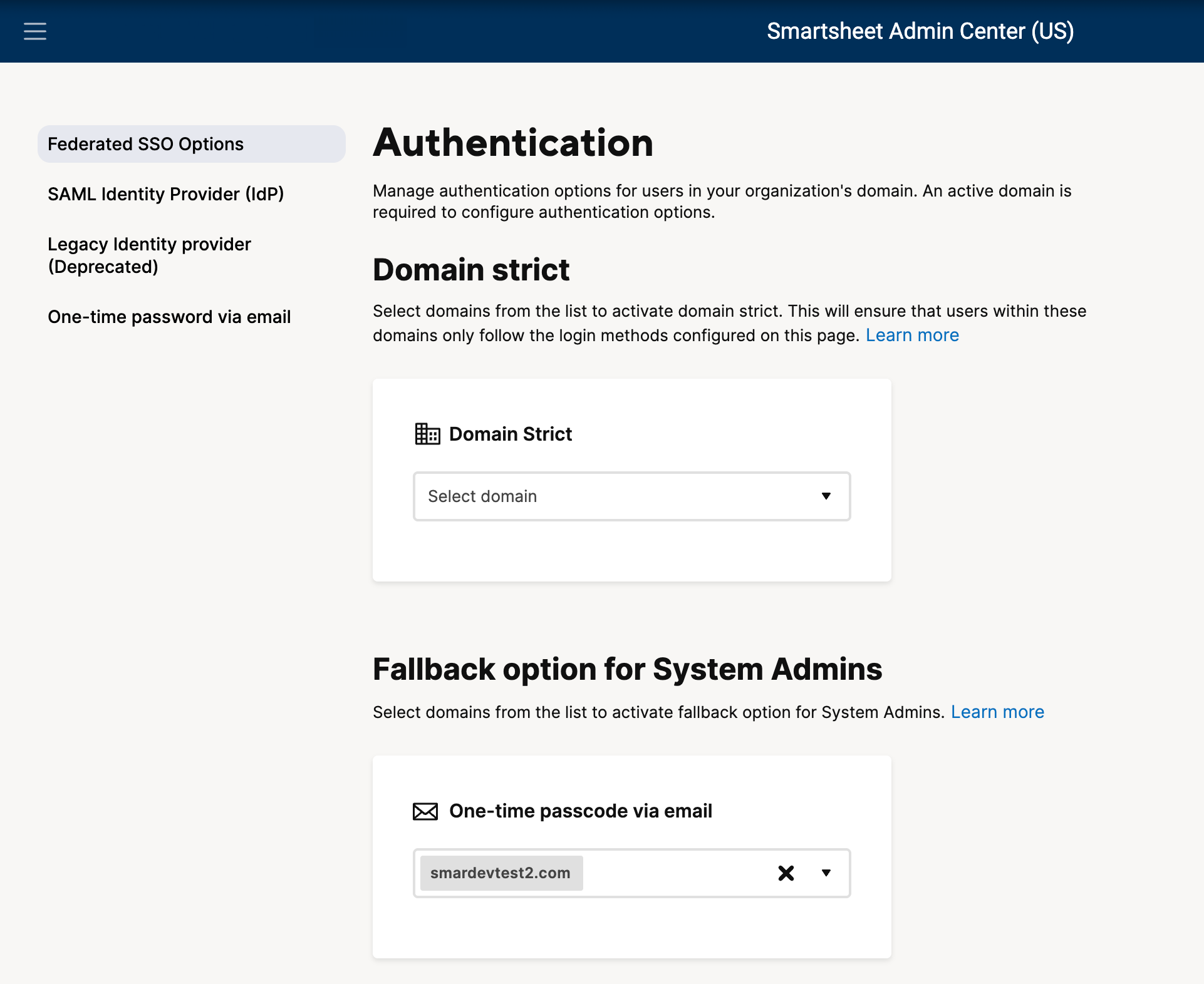 Authentication page in Admin Center