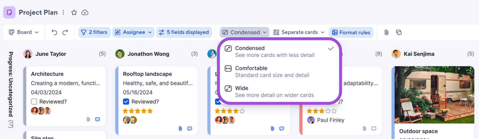 display cards as comfortable or compact in board view