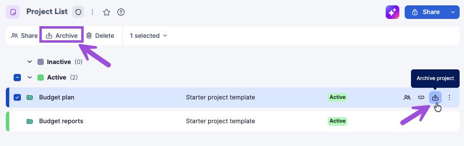 Archive projects button options in Project List view