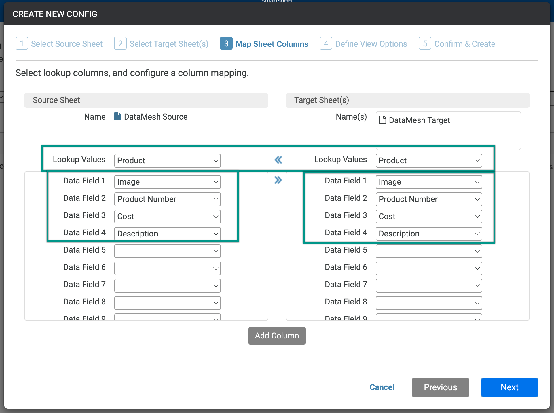 Create new config screen with look values and data fields selected for source and target sheets.