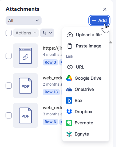 Attachments panel Add button