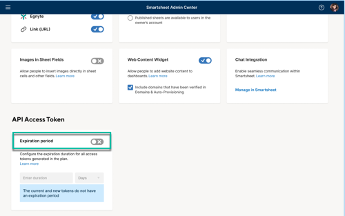 Expiration period toggle set to off