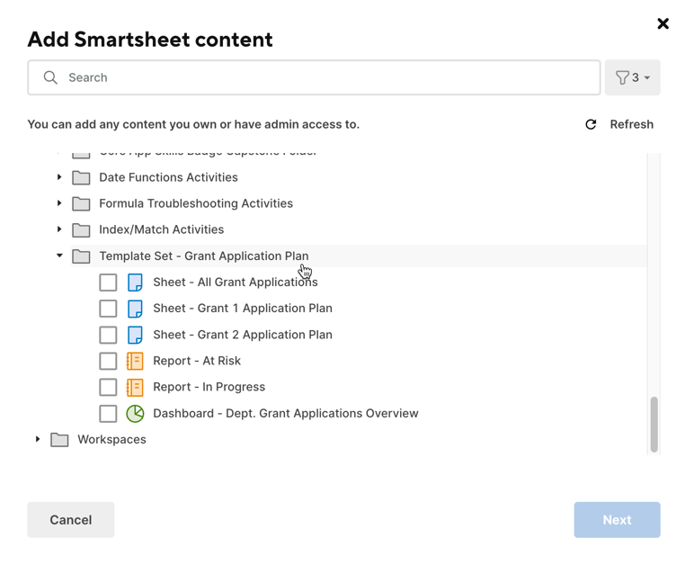 Add sheets, reports, or dashboards WorkApps