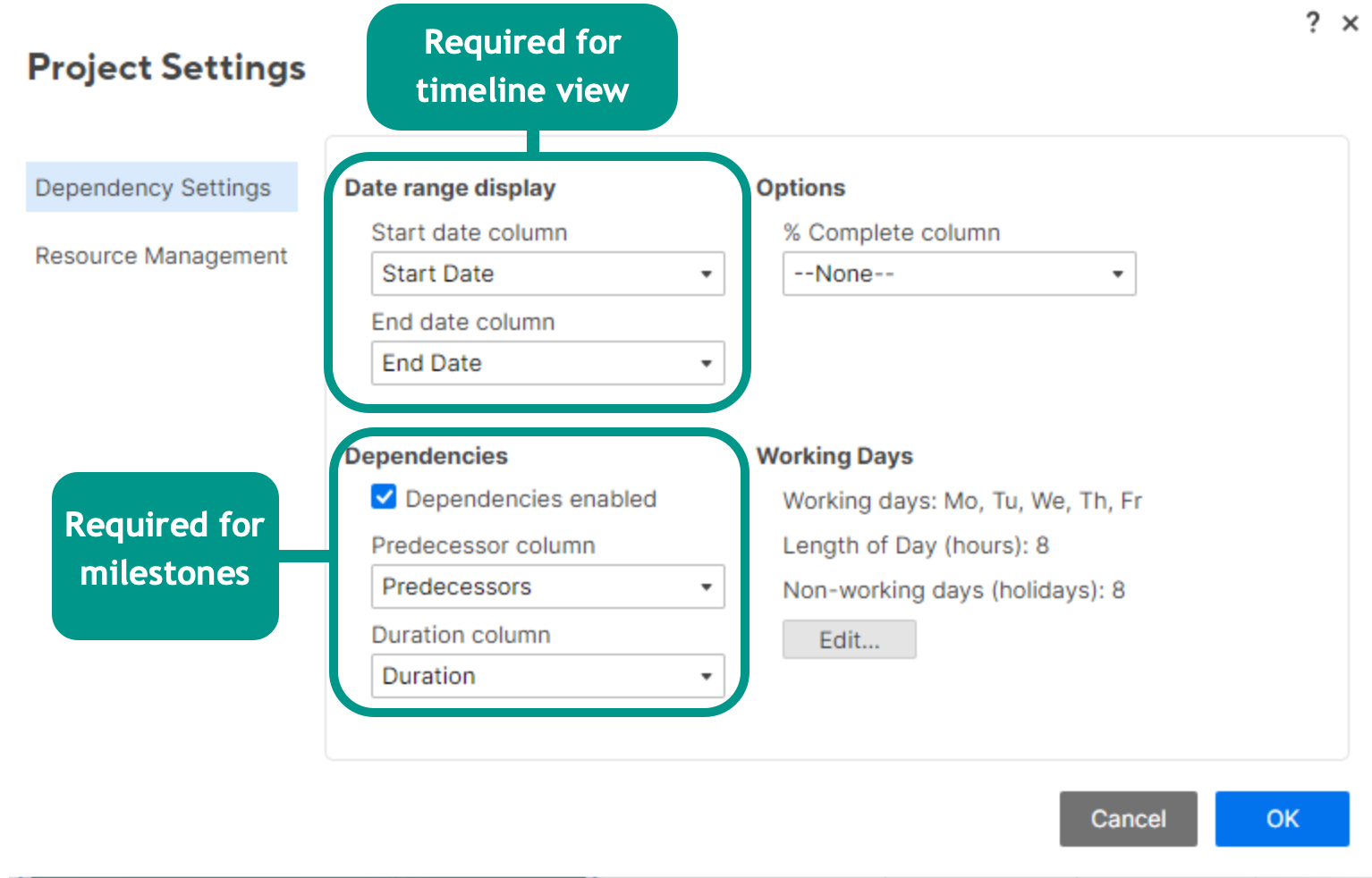 Project Settings for timeline view