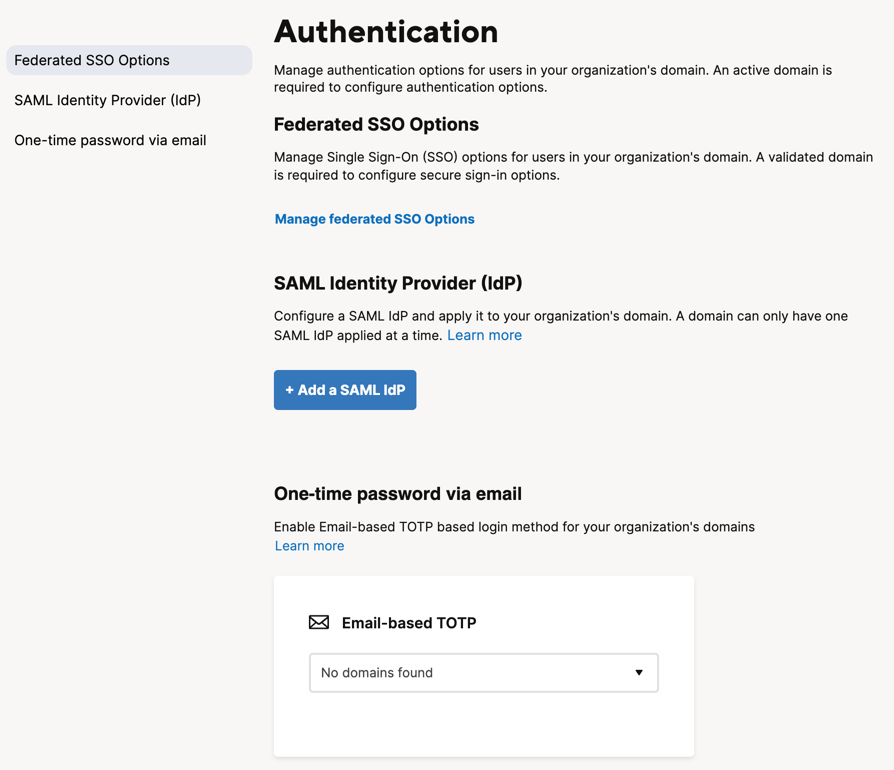 Authentication options Admin Center