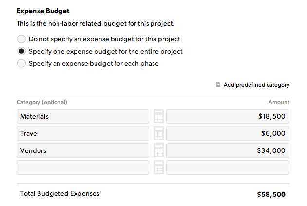 time, fee, and expense budget settings