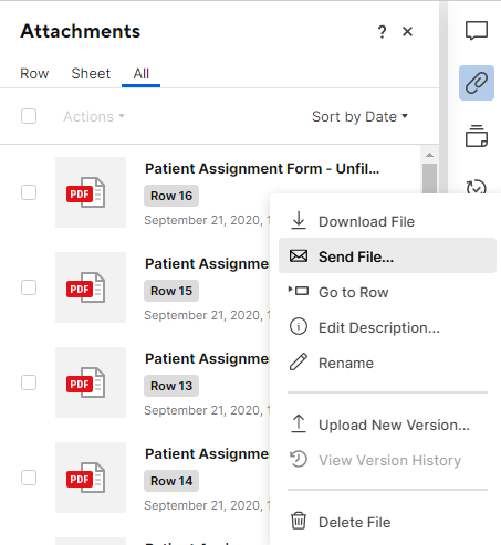 Attachment panel with list of attachments and option to send them