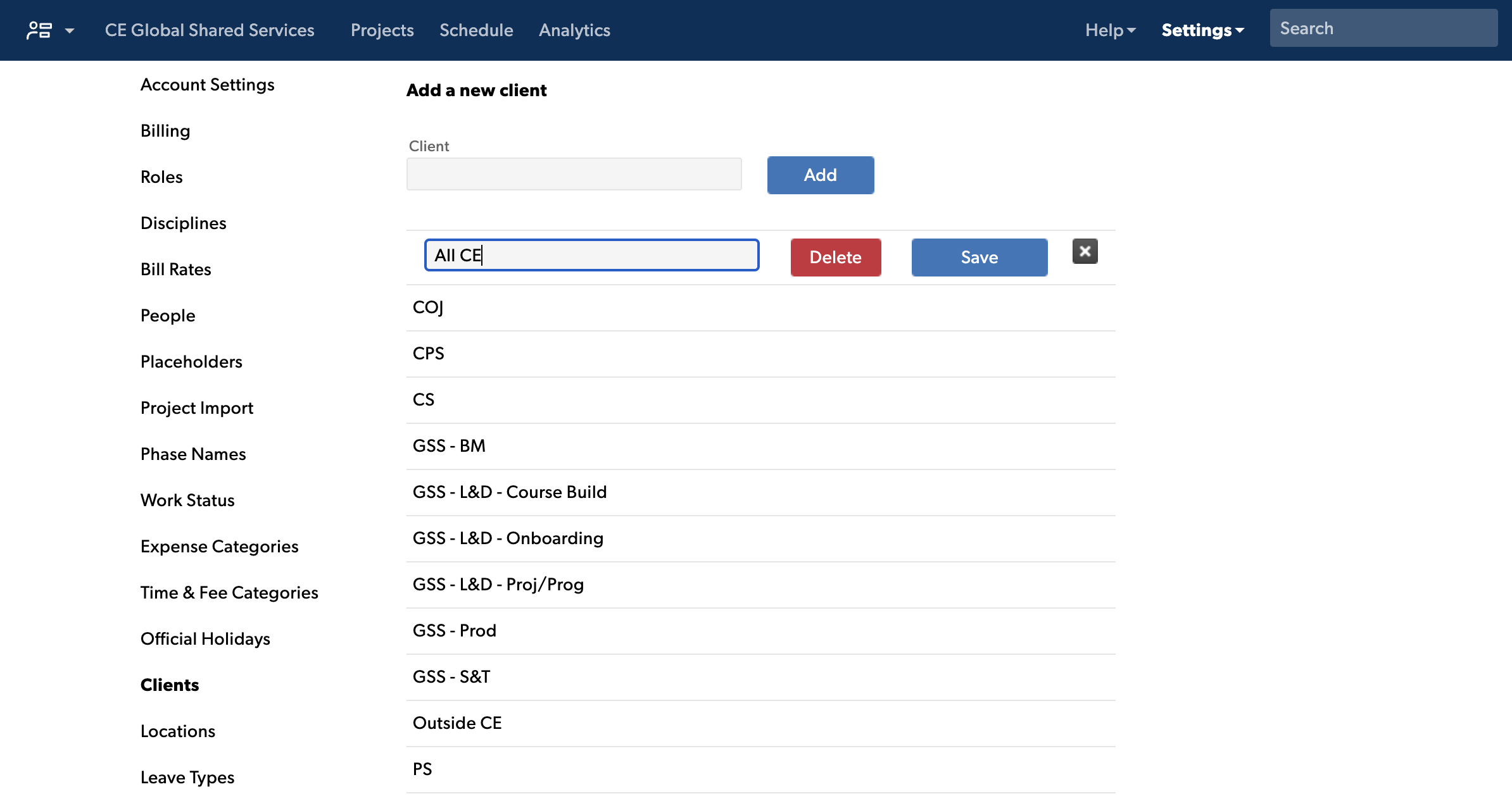 edit a client name in resource management