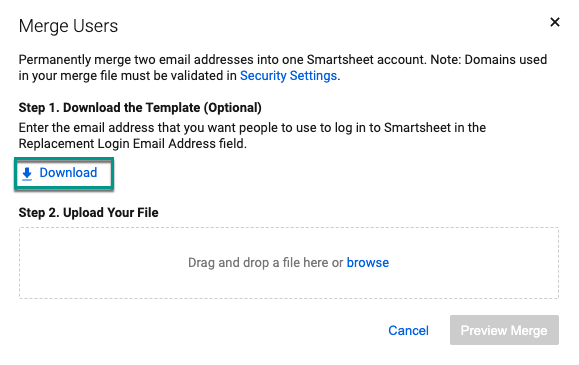 Download the template for merging users