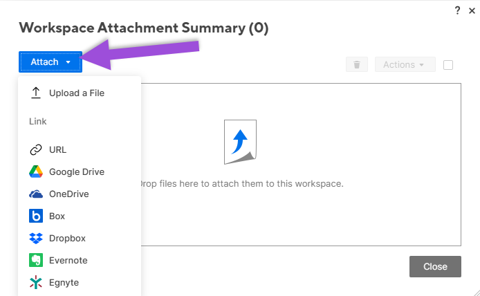 Attach a link to a workspace panel with dropdown open