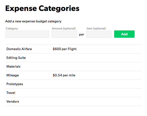 Organization wide expense category settings