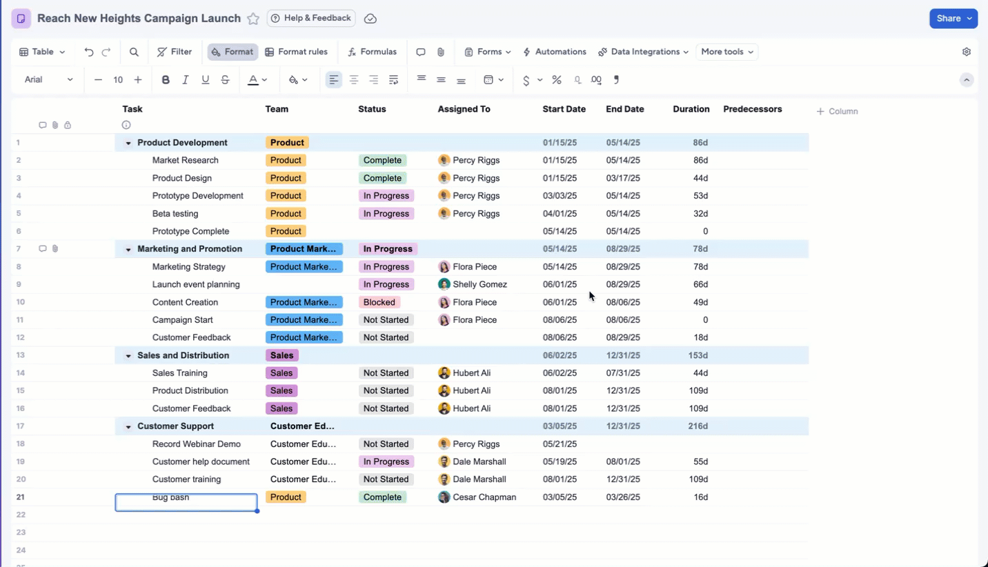 column creation menu