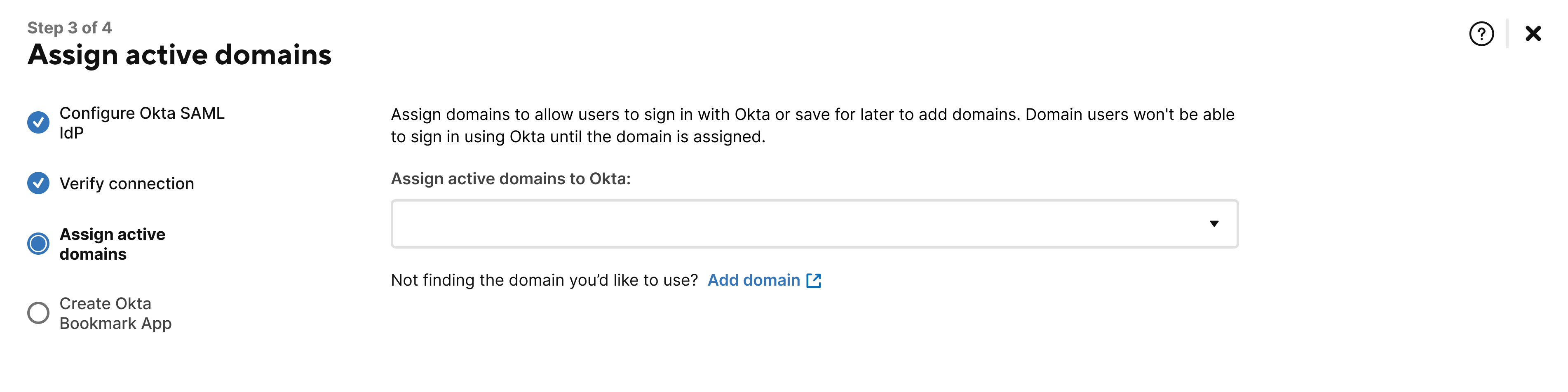 Assign active domains to Okta SAML setup